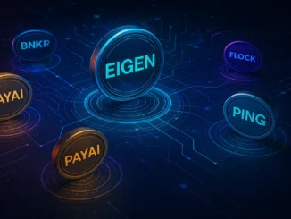 Futuristic digital illustration showing interconnected blockchain networks and glowing crypto tokens, symbolizing the $830M x402 ecosystem and its leading assets EIGEN, BNKR, and FLOCK.