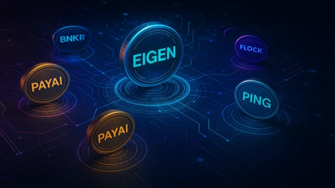 x402_ecosystem_version1 Futuristic digital illustration showing interconnected blockchain networks and glowing crypto tokens, symbolizing the $830M x402 ecosystem and its leading assets EIGEN, BNKR, and FLOCK.