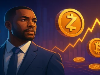 Futuristic digital illustration showing Zcash coins rising in value with a glowing chart backdrop, symbolizing market optimism and Arthur Hayes’ bullish prediction.