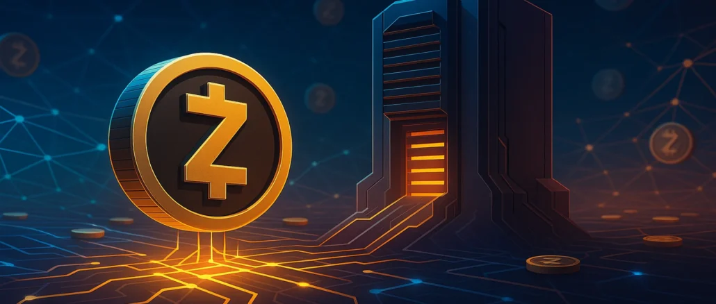Futuristic digital illustration of the Zcash blockchain under a single mining pool’s control, symbolizing centralization and security risks.