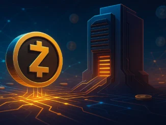 Futuristic digital illustration of the Zcash blockchain under a single mining pool’s control, symbolizing centralization and security risks.