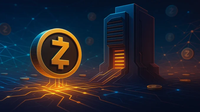 zcash_viabtc_centralization_1920x1080 Futuristic digital illustration of the Zcash blockchain under a single mining pool’s control, symbolizing centralization and security risks.