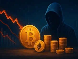 Digital illustration showing Bitcoin’s decline and Satoshi Nakamoto’s wealth drop amid a market downturn