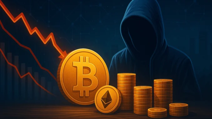 Падение Биткойна и таинственный фигурант Digital illustration showing Bitcoin’s decline and Satoshi Nakamoto’s wealth drop amid a market downturn