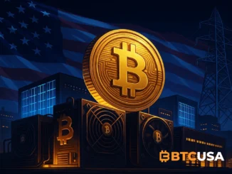 Cinematic illustration of a large-scale Bitcoin mining operation in the United States powered by advanced infrastructure