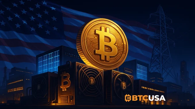 American_Bitcoin_Mining_Trump Cinematic illustration of a large-scale Bitcoin mining operation in the United States powered by advanced infrastructure