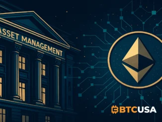 Cinematic illustration of Ethereum blockchain connected to a large European financial institution building, symbolizing tokenization of a multi-billion euro fund.