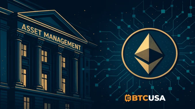 Cinematic illustration of Ethereum blockchain connected to a large European financial institution building, symbolizing tokenization of a multi-billion euro fund.