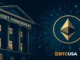 Cinematic illustration of Ethereum blockchain connected to a large European financial institution building, symbolizing tokenization of a multi-billion euro fund.