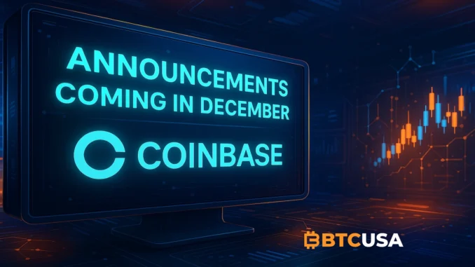 Cinematic digital illustration of a futuristic crypto exchange interface glowing with anticipation, symbolizing upcoming Coinbase announcements.