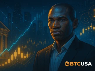 Cinematic illustration of crypto and traditional markets colliding, with perpetual futures charts overtaking traditional exchange buildings.
