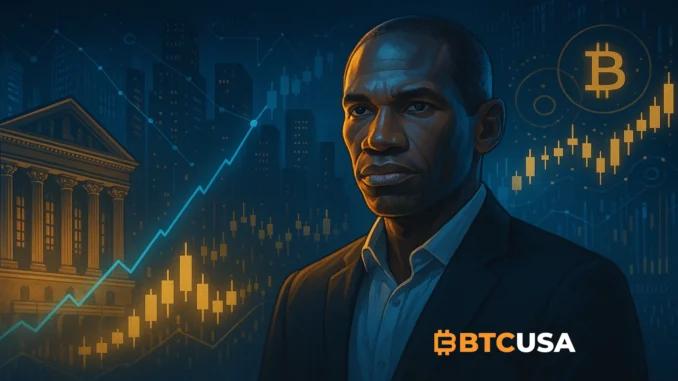 Cinematic illustration of crypto and traditional markets colliding, with perpetual futures charts overtaking traditional exchange buildings.