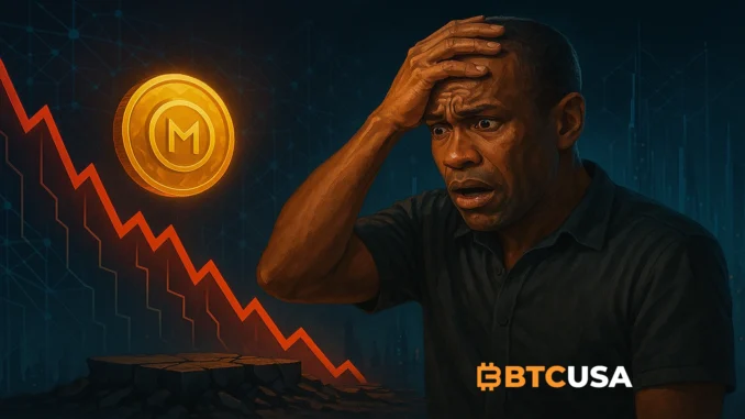 Cinematic illustration of a new layer-1 blockchain under pressure, with a glowing coin above a steep red chart, symbolizing high FDV and downside risk.