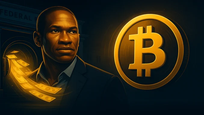 Digital illustration showing Federal Reserve money printing fueling a Bitcoin rally through a wave of dollar liquidity