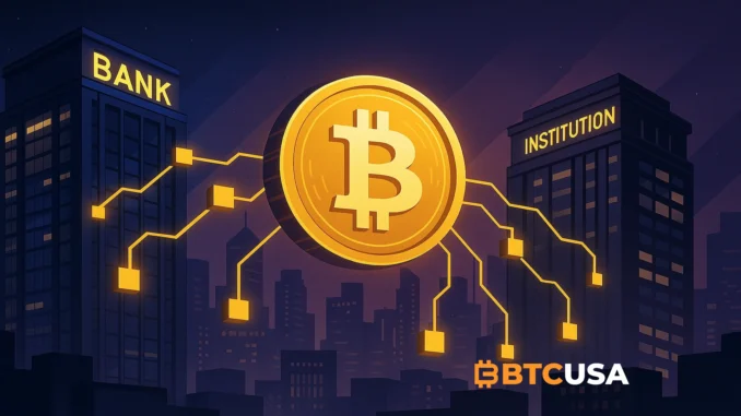 Cinematic illustration of Bitcoin integrated with banking and financial infrastructure, symbolizing institutional adoption in 2026.