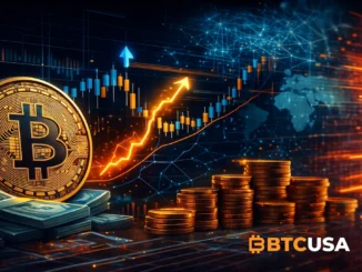 Digital Bitcoin illustration showing market charts, liquidity flows and rising volatility, symbolizing an upcoming breakout in BTC price dynamics