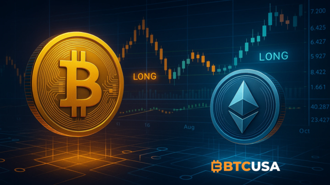 A digital trader interface showing Bitcoin and Ethereum charts with glowing long-position indicators and blockchain visuals
