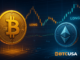 A digital trader interface showing Bitcoin and Ethereum charts with glowing long-position indicators and blockchain visuals