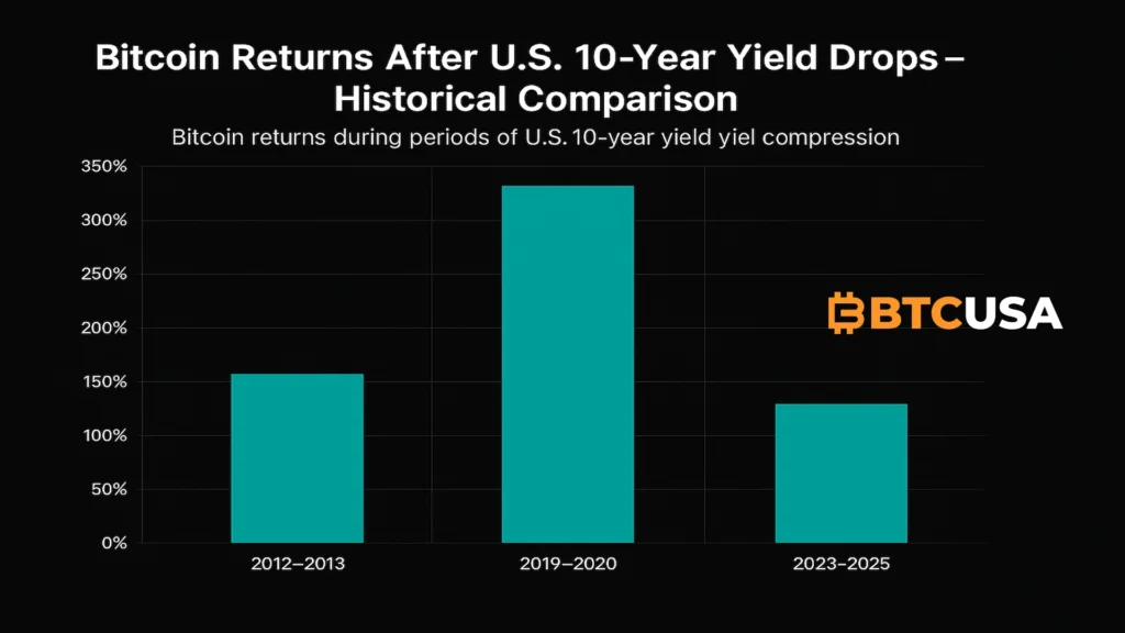 Cinematic illustration of Bitcoin reacting to falling U.S. bond yields, with macro charts and a rising BTC trend in a dark blue and gold style
