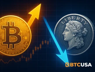 Cinematic illustration showing Bitcoin and silver moving in opposite directions on a dark financial chart.