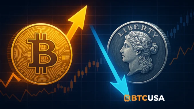 Cinematic illustration showing Bitcoin and silver moving in opposite directions on a dark financial chart.