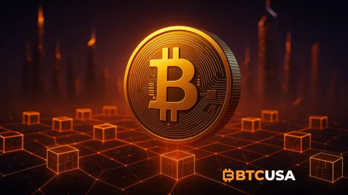 Futuristic Bitcoin surrounded by fading digital blocks symbolizing the end of mining era