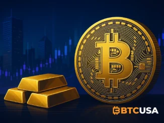Cinematic illustration showing Bitcoin positioned as a store of value alongside gold in a modern financial landscape