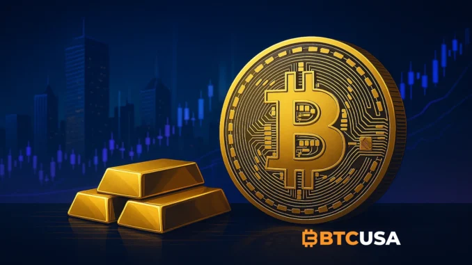 BlackRock_BTC_VALUE Cinematic illustration showing Bitcoin positioned as a store of value alongside gold in a modern financial landscape