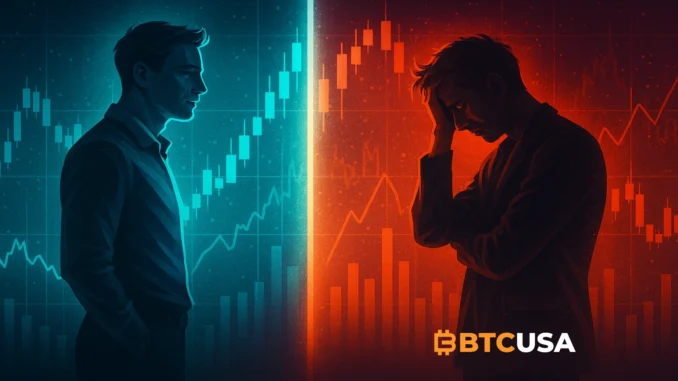 Cinematic illustration showing a crypto market split between greed and fear, symbolizing contrarian trading strategy.