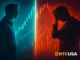 Cinematic illustration showing a crypto market split between greed and fear, symbolizing contrarian trading strategy.
