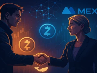 Futuristic digital illustration of a handshake between a crypto trader and exchange executive, symbolizing apology and trust restoration amid digital finance background