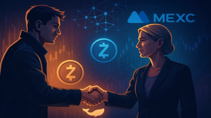 Futuristic digital illustration of a handshake between a crypto trader and exchange executive, symbolizing apology and trust restoration amid digital finance background