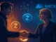 Futuristic digital illustration of a handshake between a crypto trader and exchange executive, symbolizing apology and trust restoration amid digital finance background