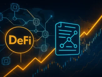 Futuristic digital illustration showing blockchain networks and DeFi smart contracts glowing across a global financial map, symbolizing tokenization and innovation