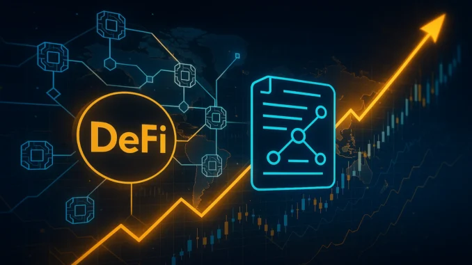 DEFI_Blockchain_RWA Futuristic digital illustration showing blockchain networks and DeFi smart contracts glowing across a global financial map, symbolizing tokenization and innovation