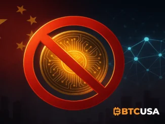 Cinematic illustration of China’s financial authority restricting virtual assets with symbolic digital currency elements.