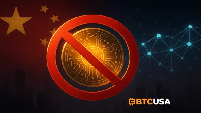 Cinematic illustration of China’s financial authority restricting virtual assets with symbolic digital currency elements.