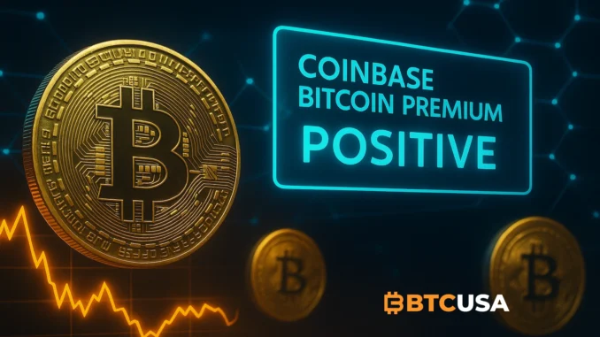 Digital illustration showing Bitcoin coins, glowing blockchain elements, and an upward market line representing the Coinbase Bitcoin Premium Index turning positive and signaling stronger U.S. buying demand.