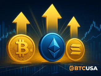 Futuristic chart visualization showing capital flowing into Bitcoin, Ethereum and Solana ETFs