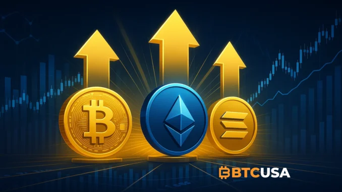 Crypto ETF Inflows Futuristic chart visualization showing capital flowing into Bitcoin, Ethereum and Solana ETFs