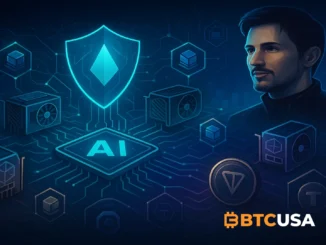 Illustration depicting decentralized AI computing network Cocoon on TON, with GPUs and blockchain nodes interconnected across a digital landscape