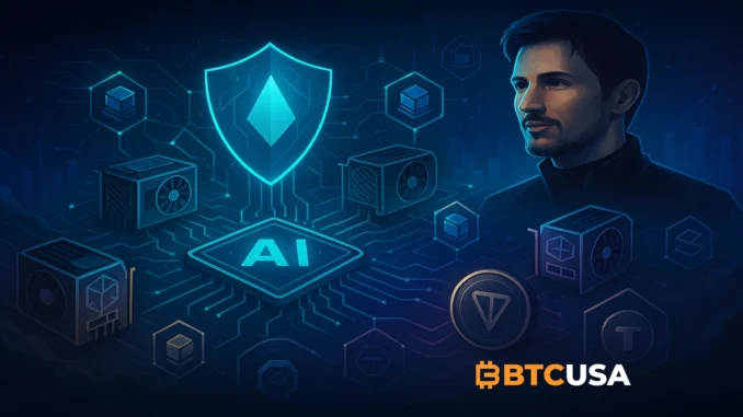 Illustration depicting decentralized AI computing network Cocoon on TON, with GPUs and blockchain nodes interconnected across a digital landscape