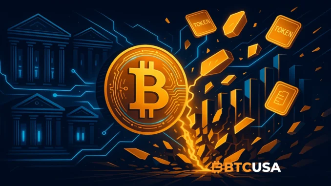 Futuristic illustration showing Bitcoin challenging the traditional banking system and enabling tokenized assets