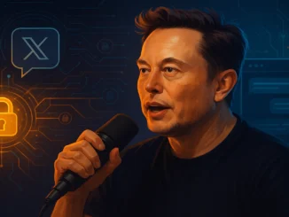 Futuristic digital illustration of Elon Musk speaking with glowing Bitcoin-style encryption symbols and a secure messaging network interface in the background