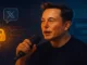 Futuristic digital illustration of Elon Musk speaking with glowing Bitcoin-style encryption symbols and a secure messaging network interface in the background