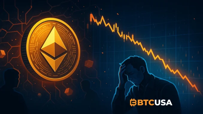 Dark crypto market visualization showing Ethereum under pressure and traders in panic