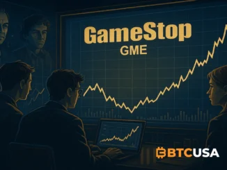 Cinematic illustration of traders and investors watching GameStop stock charts while key figures observe from the background, symbolizing hidden forces behind the 2021 rally.
