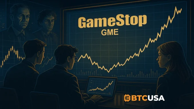 GameStop Rally Backstory Illustration Cinematic illustration of traders and investors watching GameStop stock charts while key figures observe from the background, symbolizing hidden forces behind the 2021 rally.