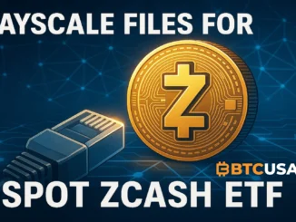 Digital illustration of a Zcash coin connected to a blockchain network, symbolizing Grayscale’s submission to launch a spot Zcash ETF