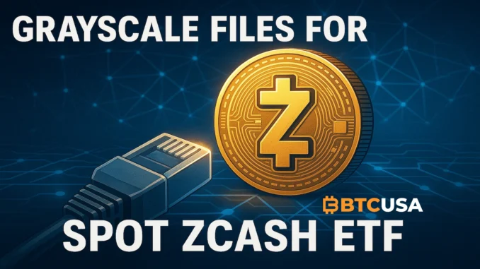 Digital illustration of a Zcash coin connected to a blockchain network, symbolizing Grayscale’s submission to launch a spot Zcash ETF